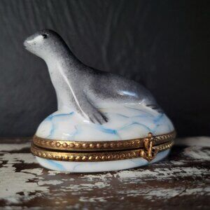 Limoges Box France Peint Main Trinket Box Seal with Anchor Closure